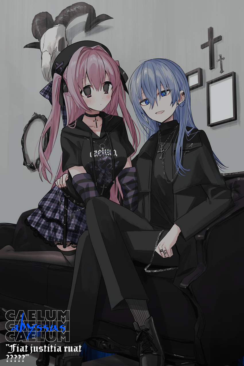 2girls :d animal_skull beret black_choker black_footwear black_headwear black_hoodie black_jacket black_pants black_shirt blue_eyes blue_hair blush breasts brown_thighhighs checkered_floor chihuri choker closed_mouth collarbone commentary_request couch cross cross_necklace crossed_legs drawstring ear_piercing earrings ende_(chihuri) grey_socks hair_between_eyes hair_intakes hat highres hood hood_down hoodie indoors jacket jewelry kneeling lace lace-trimmed_skirt lace_trim latin_cross layered_skirt long_hair looking_at_viewer medium_breasts multiple_girls nea_(chihuri) necklace on_couch open_clothes open_jacket open_mouth original pants piercing pink_hair plaid_clothes plaid_skirt purple_eyes ram_skull ribbed_legwear ring shirt shoes short_sleeves sitting skirt smile socks striped thighhighs two_side_up very_long_hair