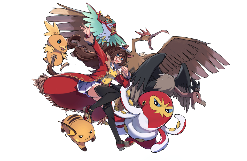 1girl animal_ears bad_id bad_pixiv_id black_thighhighs brown_hair coat commentary domino_mask ear_scrunchie el_condor_pasa_(umamusume) english_commentary fearow fuyukayui gen_1_pokemon gen_6_pokemon gen_8_pokemon grapploct hawlucha high_ponytail highres horse_ears horse_girl horse_tail looking_at_viewer low_tied_hair mask miniskirt mixed-language_commentary nintendo pleated_skirt pokemon ponytail raichu red_coat shoes simple_background skirt tail thighhighs trait_connection umamusume white_background zettai_ryouiki