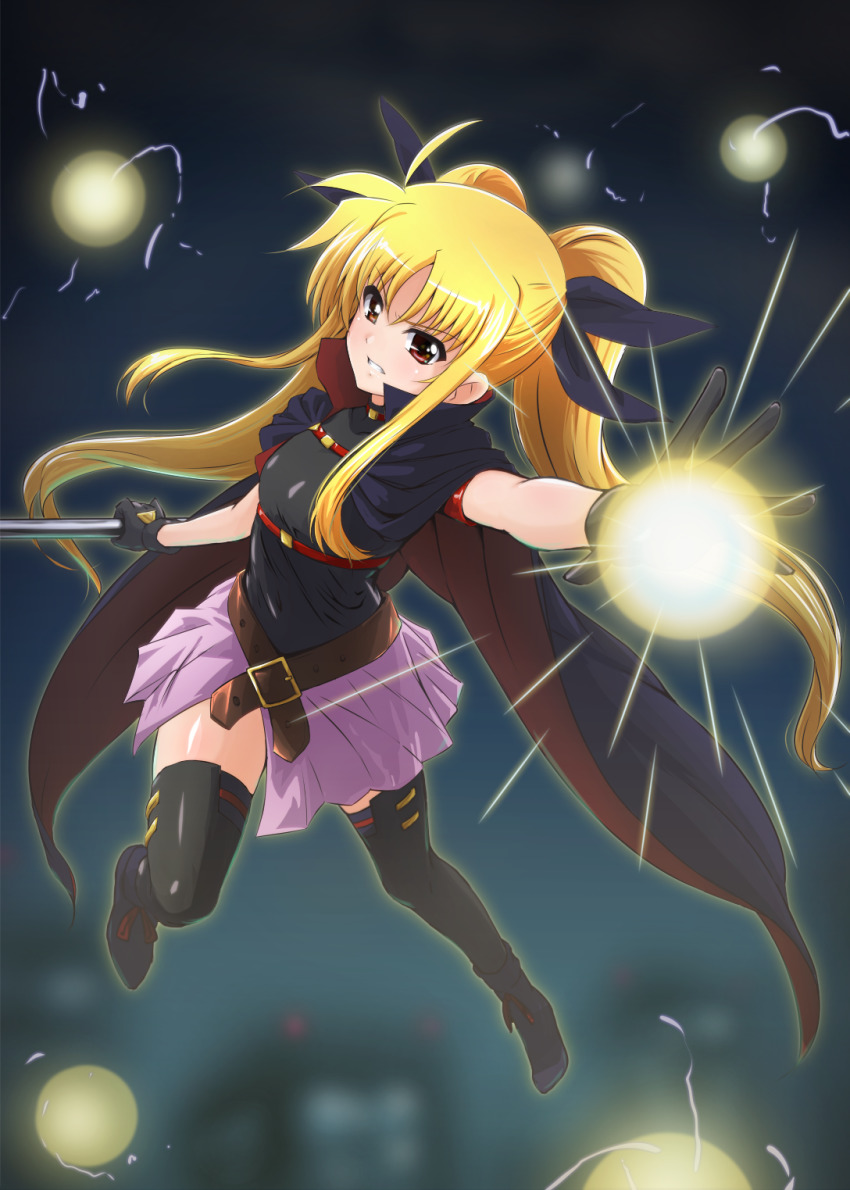 1girl arm_strap bardiche_(nanoha) belt black_leotard black_thighhighs blonde_hair blurry blurry_background boots cape diesel-turbo fate_testarossa fate_testarossa_(movie_1st_form) female_focus gloves hair_ribbon highres leotard long_hair looking_at_viewer lyrical_nanoha magical_girl mahou_shoujo_lyrical_nanoha red_eyes ribbon showgirl_skirt sleeveless solo thighhighs twintails