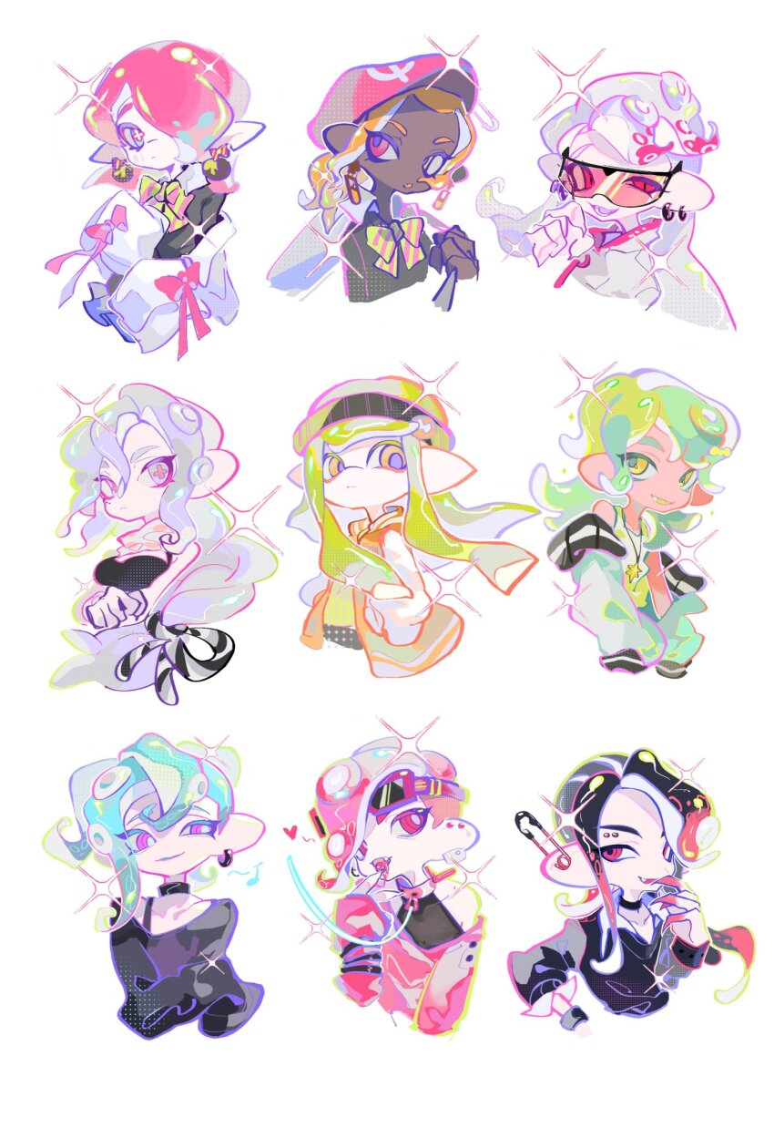 +_+ 6+girls animal_collar bare_shoulders black_choker black_hair black_jacket black_pants black_shirt black_tank_top blonde_hair blue_eyes blue_hair bow bow_earrings bowtie bra_strap bright_pupils newsboy_cap chinese_commentary choker closed_mouth collar collarbone collared_jacket collared_shirt colored_extremities colored_tongue colorful commentary_request crazy_eyes cropped_legs cropped_torso dark-skinned_female dark_skin earrings floating_hair gradient_hair green_bow green_bowtie green_hair green_hat green_outline grin hair_over_one_eye halter_shirt halterneck hat highres holding holding_jacket holding_unworn_clothes hood hood_down hooded_jacket hoodie hoop_earrings inkling_girl inkling_player_character jacket jacket_on_shoulders jersey jewelry licking licking_finger light_blush light_frown long_hair long_sleeves low_ponytail lower_teeth_only multicolored_hair multiple_earrings multiple_girls necklace nintendo octoling_girl octoling_player_character off-shoulder_jacket off_shoulder open_clothes open_jacket orange_hair orange_jacket outline own_hands_together pale_skin pants paperclip parted_lips partially_unzipped pink-tinted_eyewear pink_bow pink_bowtie pink_collar pink_eyes pink_hair pink_hat pink_jacket pink_pupils pink_vest pointy_ears polka_dot polka_dot_shirt ponytail purple_eyes purple_tongue scarf sharp_teeth shirt short_hair sidelocks simple_background sleeve_bow sleeves_past_fingers sleeves_past_wrists smile spaghetti_strap sparkle sparkling_eyes splatoon_(series) star_(symbol) star_necklace striped_bow striped_bowtie striped_clothes sunglasses tank_top teeth tentacle_hair test_tube tinted_eyewear two-tone_bow two-tone_bowtie unworn_jacket very_dark_skin vest visor_cap wavy_hair white_background white_hair white_hoodie white_jacket white_pupils white_scarf white_sleeves white_tank_top wind xiaoyunatie yellow_eyes yellow_shirt
