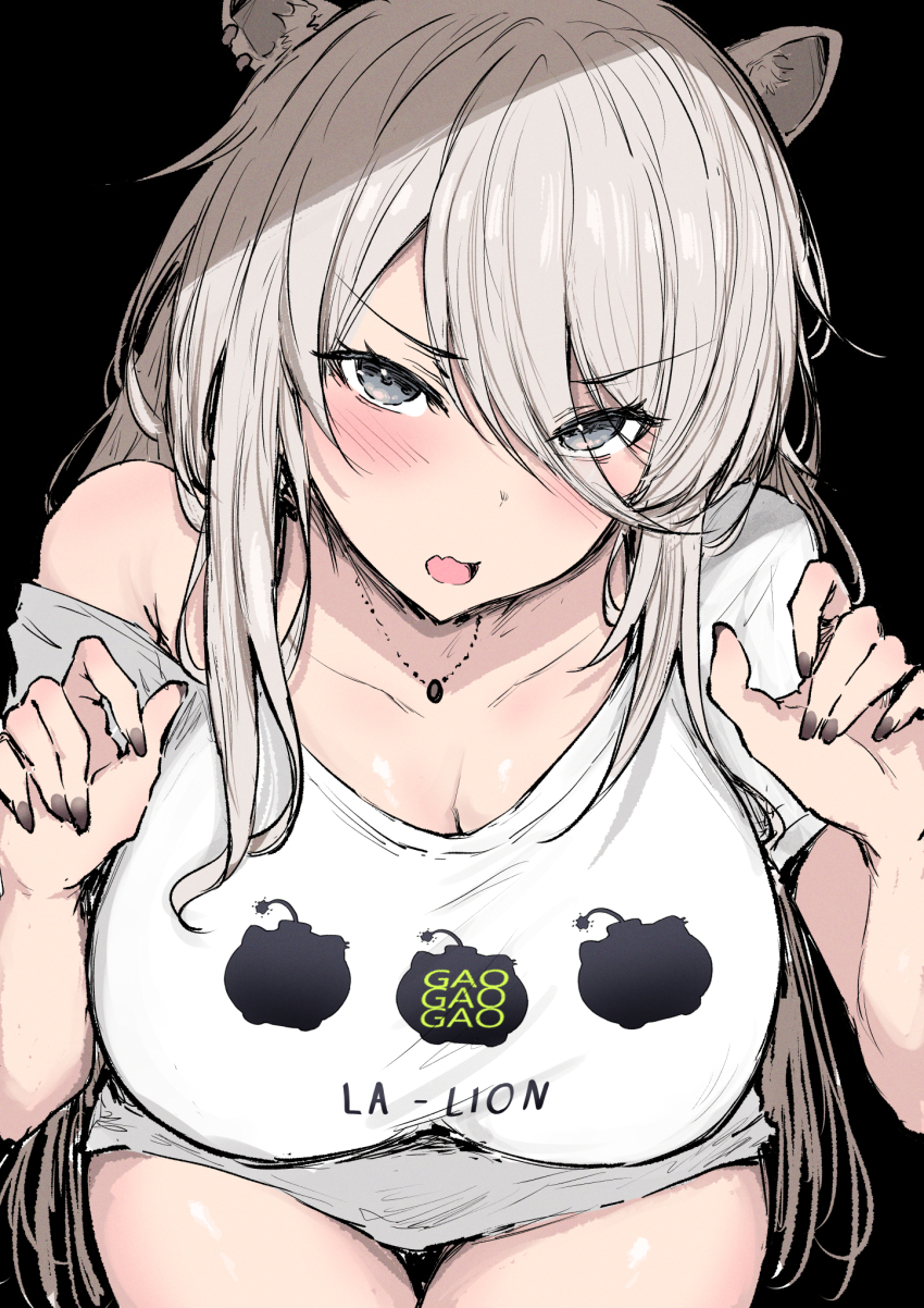 1girl animal_ears black_background black_nails blush breasts claw_pose commentary grey_eyes highres hololive large_breasts lion_ears lion_girl long_hair looking_at_viewer loose_clothes loose_shirt nail_polish official_alternate_costume open_mouth sakiya_(sak1_01) shirt shishiro_botan shishiro_botan_(casual) single_bare_shoulder sitting solo t-shirt virtual_youtuber white_hair