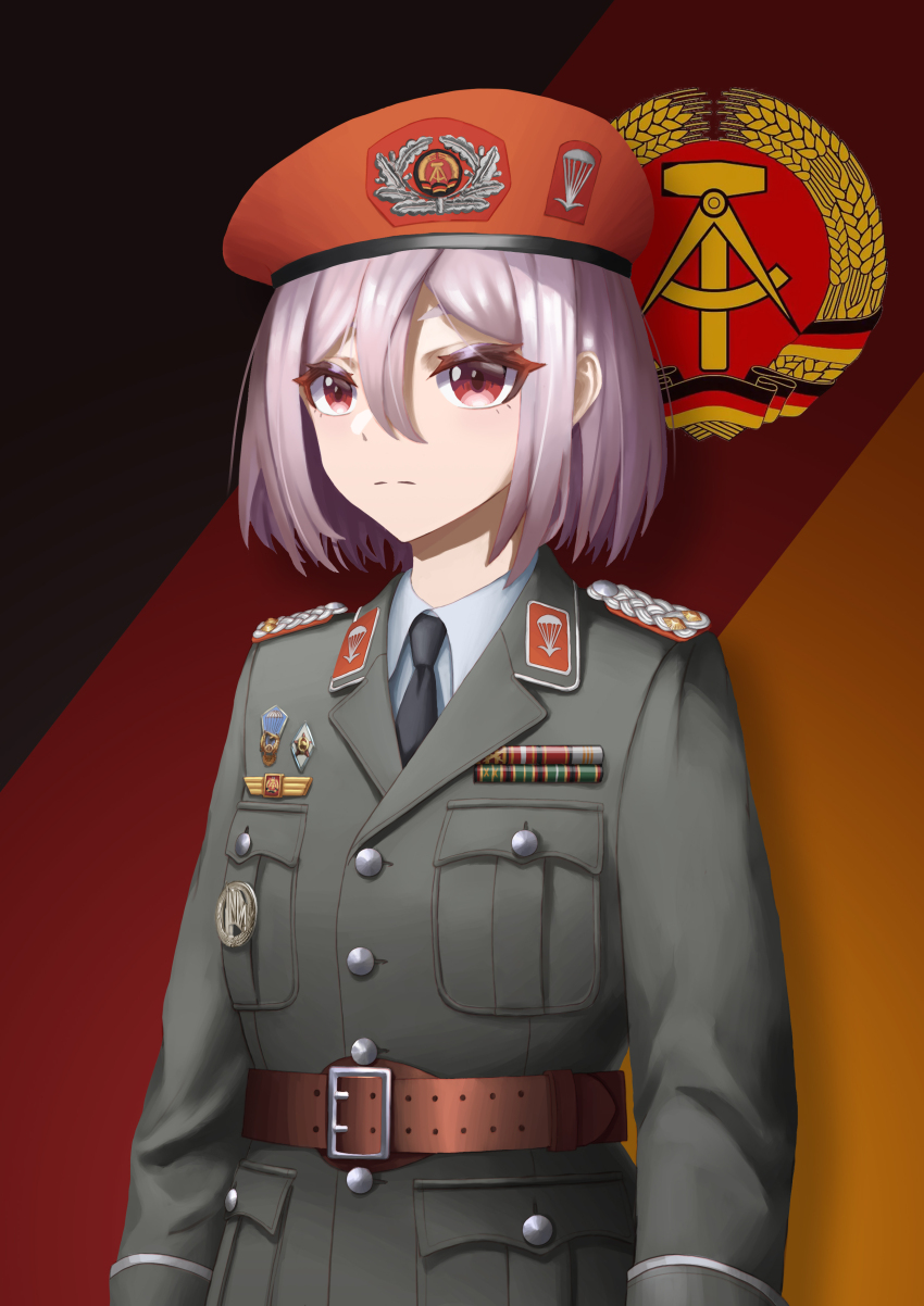 1girl absurdres arms_at_sides badge belt belt_buckle beret black_background black_necktie black_ribbon brown_belt buckle buttons closed_mouth collar_tabs collared_shirt colored_eyelashes commentary_request communism compass_(instrument) east_german_flag east_germany emblem epaulettes fallschirmjaeger flag_background german_flag grey_jacket hair_between_eyes hammer hat hat_ornament highres huihuang_rongyao insignia jacket lapels light_purple_hair long_sleeves military military_dress_uniform military_hat military_jacket military_rank_insignia military_uniform multicolored_background multicolored_ribbon necktie notched_lapels original parachute paratrooper pink_eyes red_background red_hat red_ribbon ribbon ribbon_bar serious shirt short_hair solo upper_body user_kfhv5847 white_shirt wing_collar wreath yellow_background yellow_ribbon