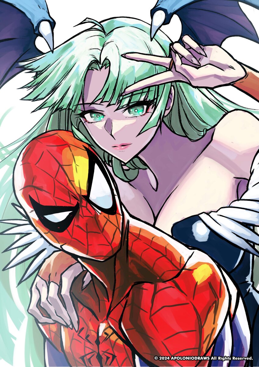 1boy 1girl absurdres apoloniodraws black_leotard breasts bridal_gauntlets capcom cleavage darkstalkers english_text green_hair head_wings highres leotard long_hair looking_at_viewer marvel marvel_vs._capcom morrigan_aensland spider-man spider-man_(series) strapless strapless_leotard superhero_costume v white_background wings