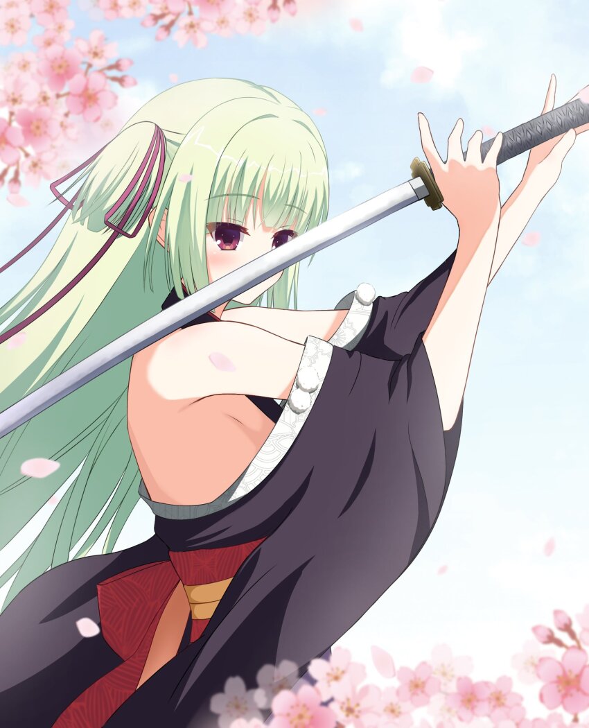 1230_mochi 1girl back_bow bare_shoulders black_kimono blue_sky blunt_bangs blunt_ends blush bow breasts cherry_blossoms commentary covered_mouth cowboy_shot day falling_petals floating_hair from_side green_hair hair_ribbon hands_up highres hime_cut holding holding_sword holding_weapon japanese_clothes katana kimono long_hair long_ribbon long_sleeves murasame_(senren) outdoors petals pom_pom_(clothes) red_bow red_eyes red_ribbon red_sash ribbon sash senren_banka sideboob sidelocks sky small_breasts solo straight_hair sword two_side_up very_long_hair weapon wide_sleeves