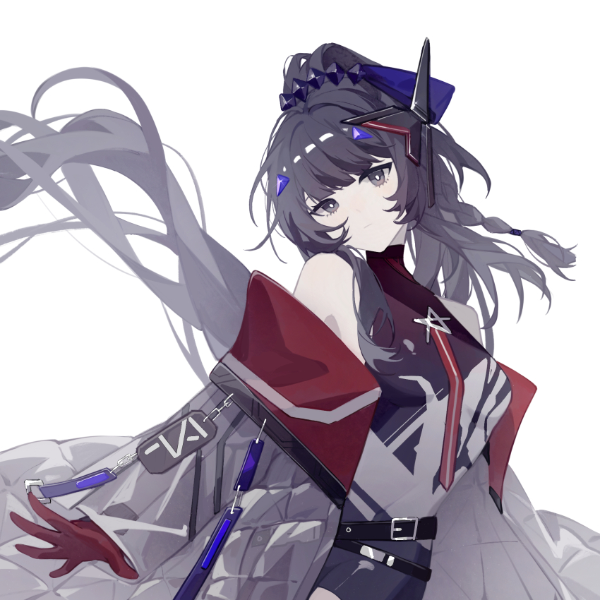 1girl :| arms_at_sides bare_shoulders belt belt_buckle black_belt black_bodysuit black_eyes black_hair blue_ribbon blunt_bangs bodysuit braid breasts bright_pupils brooch buckle chinese_commentary closed_mouth covered_navel cowboy_shot diamond_hair_ornament expressionless floating_hair gloves gradient_clothes grey_bodysuit grey_jacket hair_ribbon halterneck headgear heroine_(lovebrush_chronicles) high_ponytail highres jacket jewelry long_hair long_sleeves looking_at_viewer looking_to_the_side lovebrush_chronicles medium_breasts multicolored_bodysuit multicolored_jacket neck_ribbon off_shoulder official_alternate_costume open_hand padded_jacket ponytail red_gloves red_jacket red_ribbon ribbon shorts side_braid sidelocks simple_background sleeveless sleeveless_bodysuit solo standing star_brooch turtleneck two-tone_jacket very_long_hair white_background white_pupils wo_yao_hao_jieju