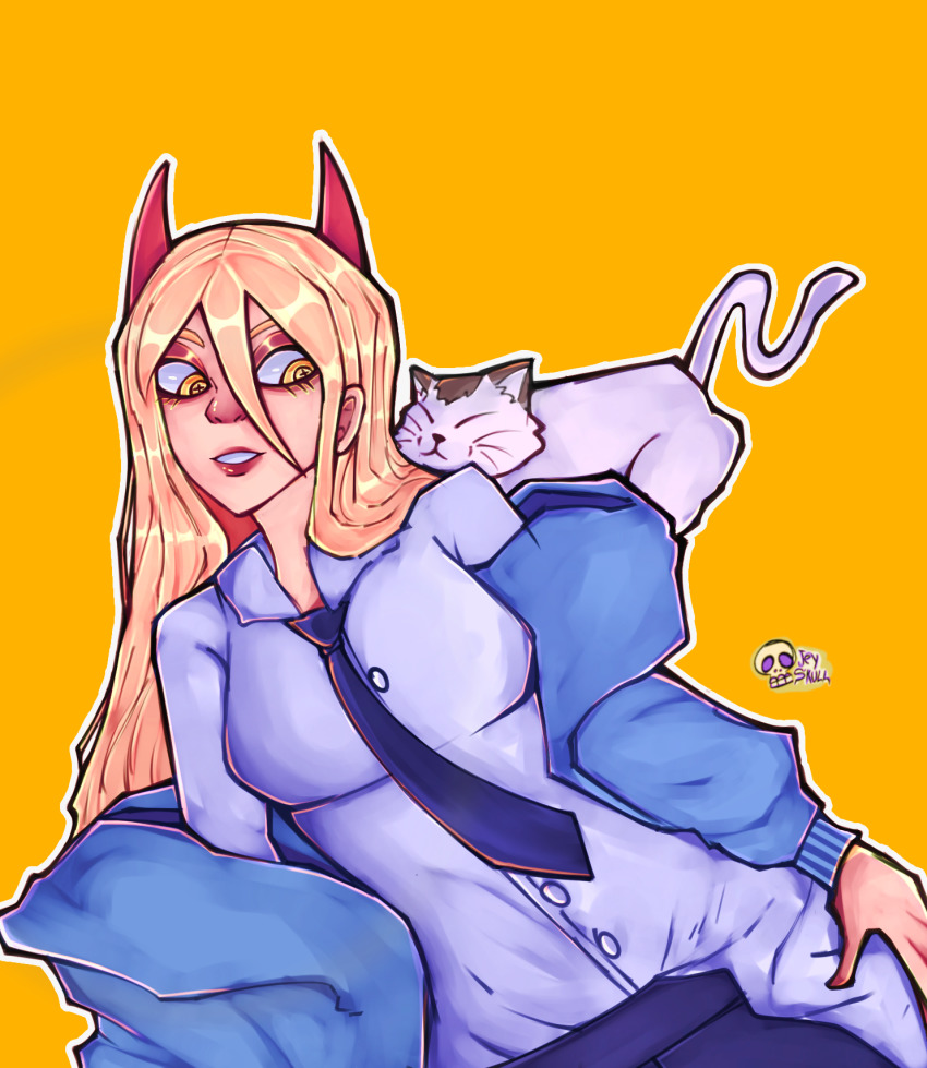 1girl blonde_hair blood_devil_(chainsaw_man) cat chainsaw_man highres horns jacket jeyskull necktie office_lady power power_(chainsaw_man) red_lips self-upload uniform yellow_eyes