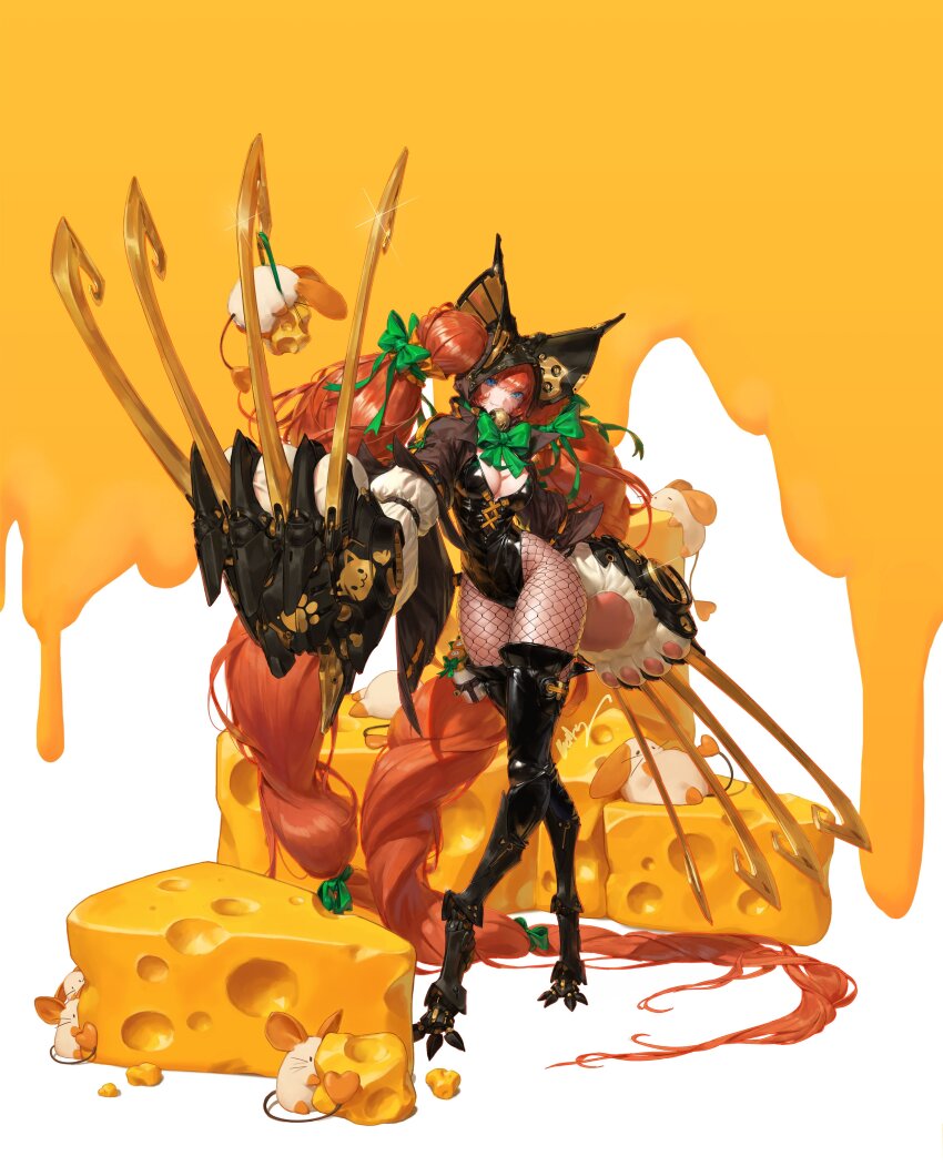 1girl absurdly_long_hair absurdres animal_ears babilusss blue_eyes boots bow braid breasts butter cheese claw_(weapon) cleavage cleavage_cutout clothing_cutout crossed_legs cyborg eyepatch fake_animal_ears fishnet_pantyhose fishnets food fork full_body glint green_bow green_ribbon hair_bow hair_ornament hair_ribbon highres holding honey hood large_breasts leotard long_hair long_sleeves looking_at_viewer mechanical_arms mechanical_legs medium_breasts needle original oversized_limbs oversized_object pantyhose puffy_sleeves red_hair ribbon scissors single_mechanical_arm solo standing thigh_boots thighhighs twintails very_long_hair watson_cross weapon white_background