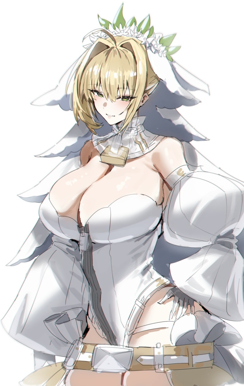 1girl ahoge bare_shoulders belt blonde_hair blush breasts chain cleavage detached_collar detached_sleeves elbow_gloves fate/extra fate/extra_ccc fate/grand_order fate_(series) flower_wreath gloves green_eyes hair_between_eyes hair_intakes head_wreath highleg highleg_leotard highres horn/wood large_breasts leotard lock long_hair looking_at_viewer nero_claudius_(bride)_(fate) nero_claudius_(bride)_(second_ascension)_(fate) nero_claudius_(fate) padlock puffy_sleeves smile solo veil white_gloves white_leotard wide_sleeves zipper