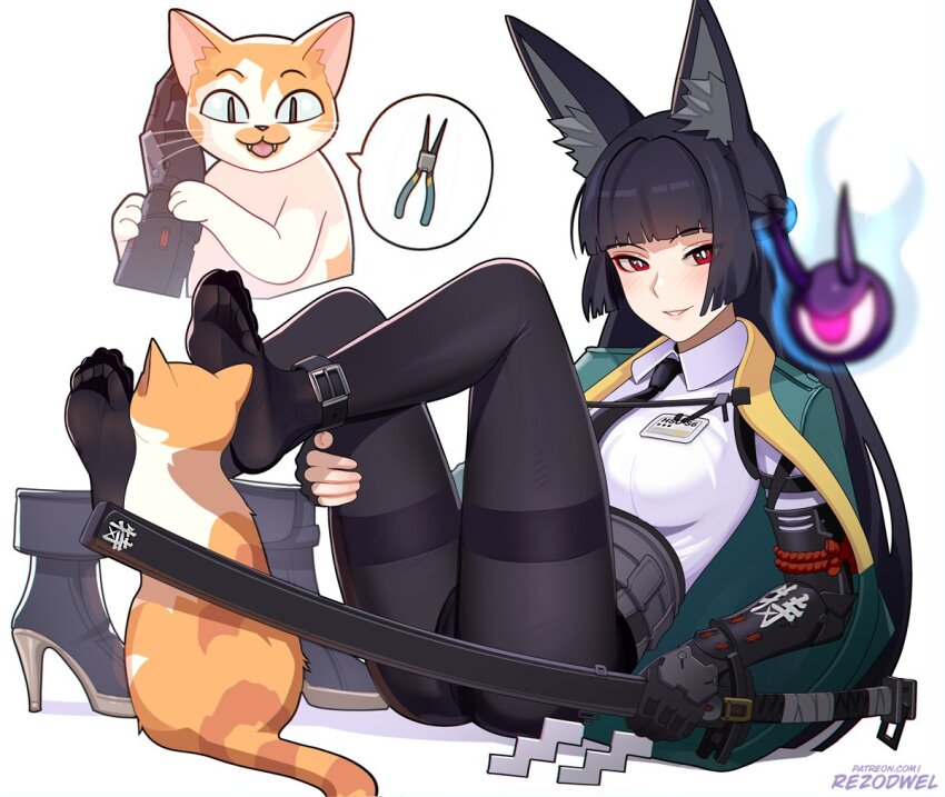 1girl animal_ears aqua_jacket black_necktie black_pantyhose blunt_bangs blush cat collared_shirt eyeball fox_ears fox_girl gauntlets holding holding_sword holding_weapon hoshimi_miyabi jacket long_hair necktie open_clothes open_jacket pantyhose rezodwel shirt shoes single_gauntlet sitting smile sword tailless_(zenless_zone_zero) thighband_pantyhose unworn_shoes weapon white_background white_shirt zenless_zone_zero