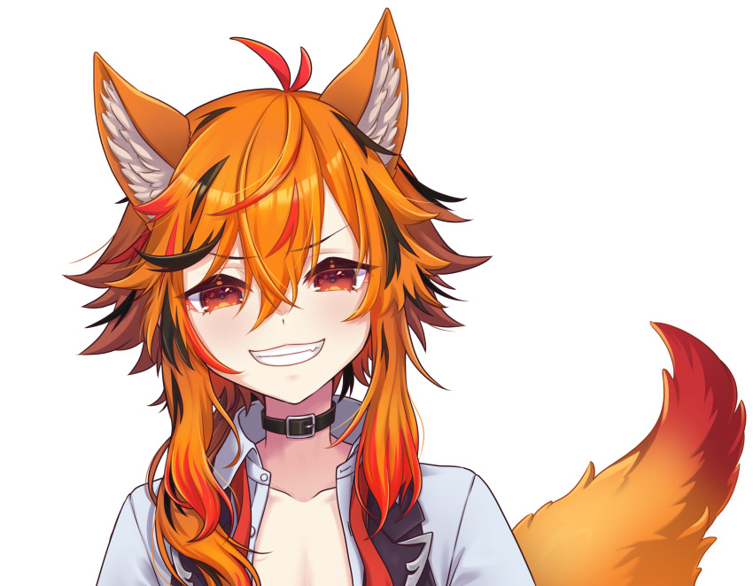 1girl animal_ears belt belt_collar black_belt black_hair black_vest collar collarbone fox_ears fox_girl fox_tail grin hair_between_eyes highres kazami_kuku kemonomimi_mode large_variant_set long_bangs long_hair looking_at_viewer multicolored_hair nanashi_inc. open_clothes open_shirt open_vest orange_eyes orange_hair red_hair reona_kfc02 shirt simple_background smile solo tail transparent_background upper_body v-shaped_eyebrows variant_set vest virtual_youtuber white_shirt