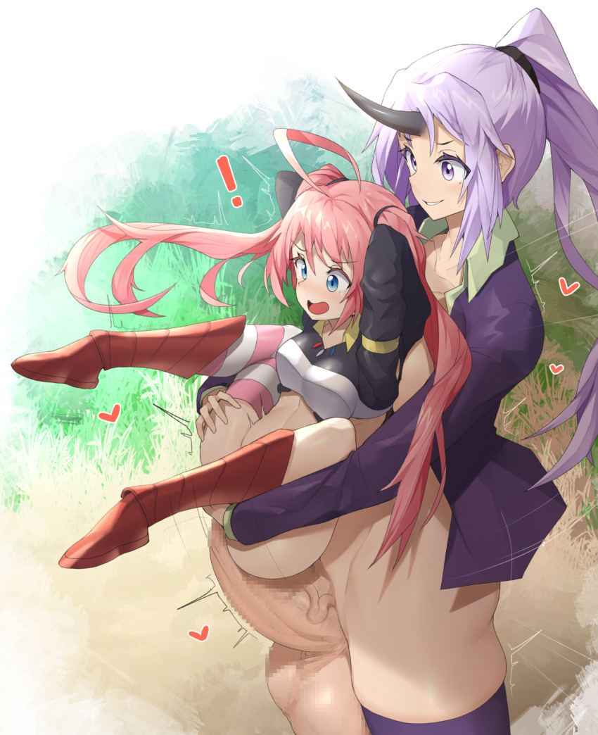 ! 1futa 1girl blazer blue_eyes blush breasts censored futa_with_female futanari grass heart highres horns huge_penis jacket large_testicles medium_breasts milim_nava mosaic_censoring multiple_girls penis pink_hair purple_eyes purple_hair reverse_suspended_congress sex sex_from_behind shion_(tensura) sinensian stomach_bulge tensei_shitara_slime_datta_ken testicles thick_thighs thighhighs thighs vaginal veins veiny_penis