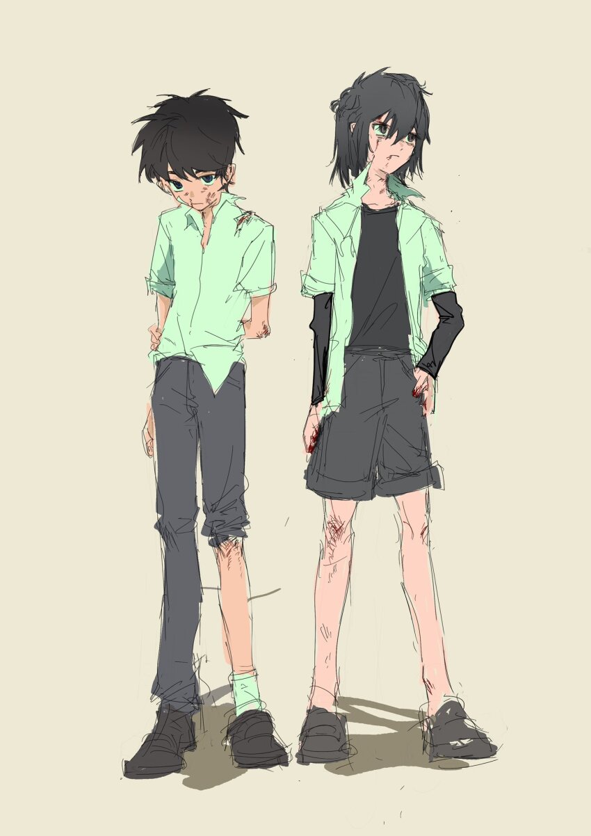 2boys aged_down black_hair blue_eyes brown_hair child highres injury jacket layered_sleeves long_sleeves male_focus multiple_boys rong301718 short_hair short_over_long_sleeves short_sleeves shorts step-siblings tohno_shiki tohno_shiki_(2) tsukihime
