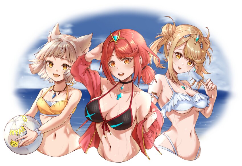 3girls :p absurdres alternate_costume alternate_hairstyle animal_ear_fluff animal_ears arm_strap ball beachball bikini black_bikini black_choker blonde_hair blue_sky breasts cat_ears cat_girl chest_jewel choker cleavage commentary_request core_crystal_(xenoblade) cropped_torso earrings food front-tie_bikini_top front-tie_top grey_hair hair_tie highres holding holding_ball holding_beachball holding_food holding_popsicle jacket jewelry kenichiart large_breasts looking_at_viewer multiple_girls mythra_(xenoblade) navel necklace nia_(xenoblade) ocean off_shoulder open_clothes open_jacket open_mouth ponytail popsicle pyra_(xenoblade) red_eyes red_hair red_jacket red_trim short_hair short_ponytail sidelocks sky small_breasts smile swimsuit teeth tongue tongue_out underboob upper_teeth_only white_bikini xenoblade_chronicles_(series) xenoblade_chronicles_2