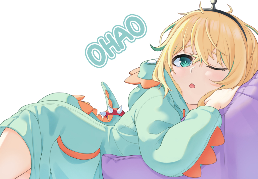 1girl amano_pikamee blonde_hair dinosaur_costume green_eyes green_hair green_hoodie hood hoodie looking_at_viewer lying multicolored_hair official_alternate_costume on_side one_eye_closed open_mouth short_hair solo streaked_hair ugaaaa1 virtual_youtuber voms