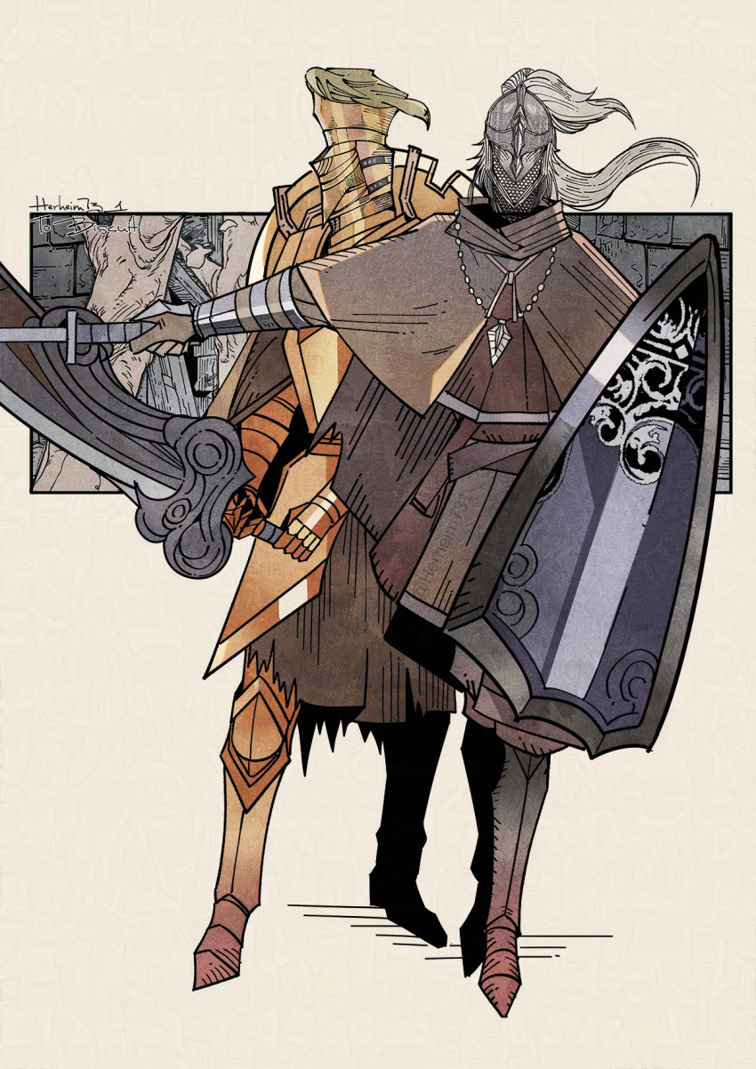 2others armor bloody_wolf_(elden_ring) commentary_request elden_ring gold_armor greaves helm helmet herheim highres holding holding_shield holding_sword holding_weapon jewelry multiple_others necklace shield simple_background sword tarnished_(elden_ring) tree_sentinel weapon white_background