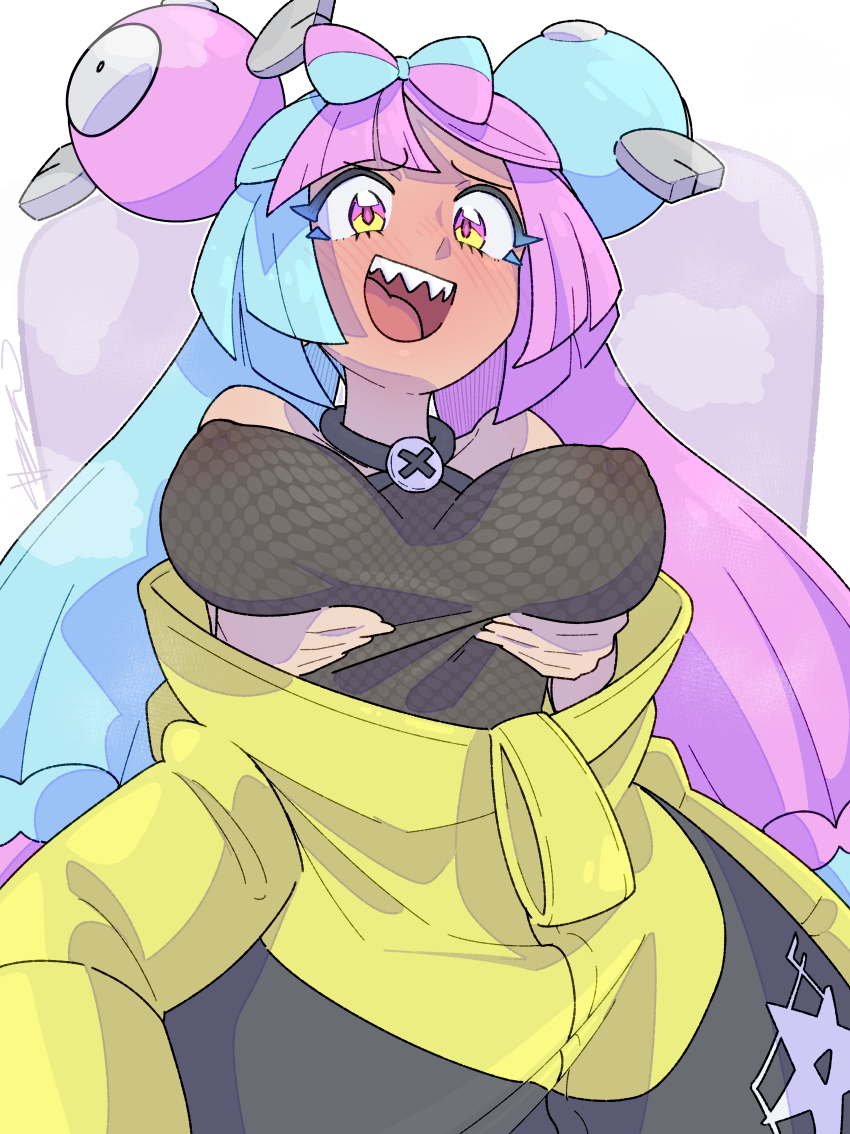 1girl absurdres bow-shaped_hair breasts embarrassed gluten000000 hair_ornament highres iono_(pokemon) large_breasts multicolored_hair nintendo pink_hair pokemon pokemon_sv see-through_clothes teeth two-tone_hair