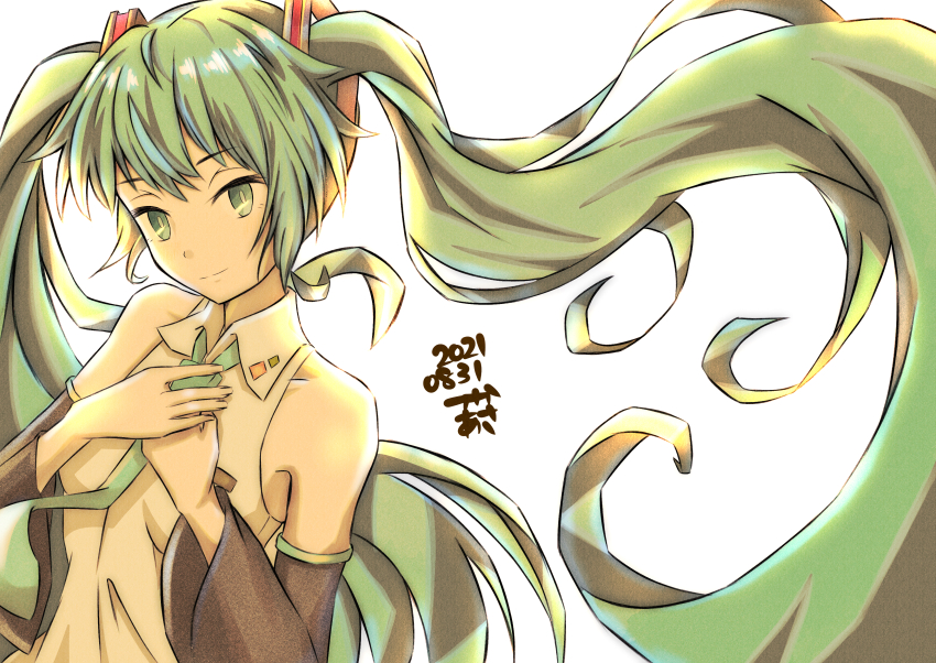 1girl absurdres aqua_eyes aqua_hair aqua_necktie bare_shoulders black_sleeves closed_mouth commentary_request dated detached_sleeves hands_on_own_chest hatsune_miku highres long_hair looking_at_viewer necktie own_hands_together shirt simple_background sleeveless sleeveless_shirt smile solo split_mouth tsukaasa twintails very_long_hair vocaloid white_background white_shirt wing_collar