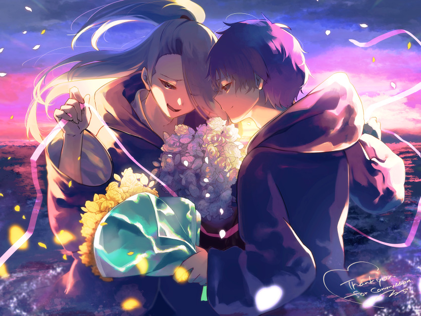 2boys absurdres aka46725 black_sclera blue_eyes bouquet brown_eyes closed_mouth cloud colored_sclera commission commissioner_upload deidara_(naruto) edo_tensei flower high_ponytail highres holding holding_bouquet holding_ribbon implied_yaoi long_hair looking_at_another male_focus multiple_boys naruto_(series) naruto_shippuuden non-web_source open_mouth ponytail red_hair ribbon robe sad_smile sasori_(naruto) short_hair signature skeb_commission sunset wading water white_petals yellow_petals