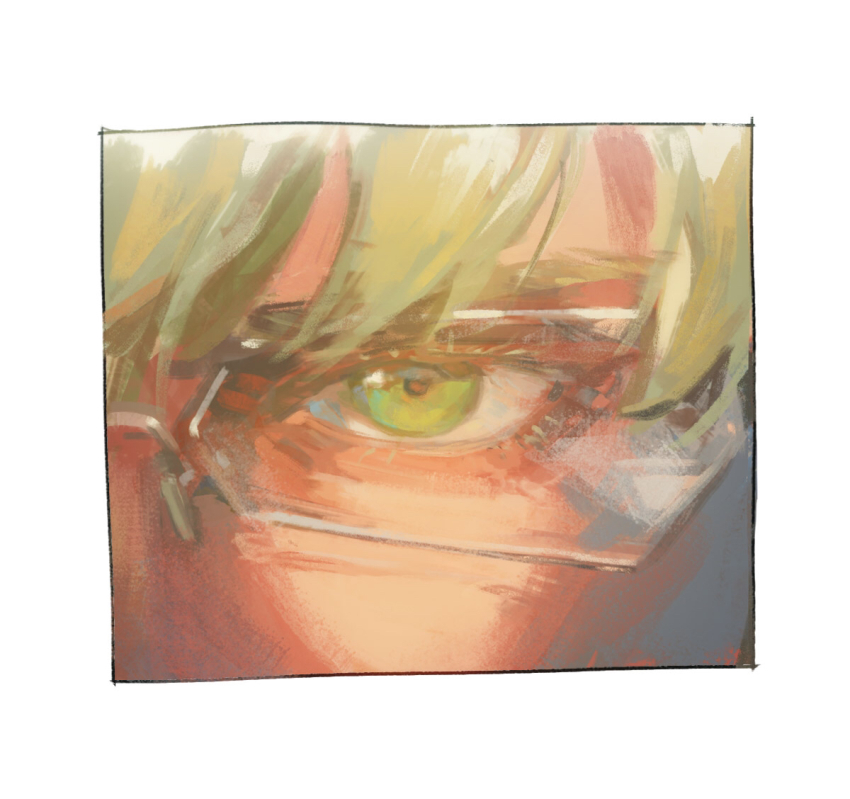 1boy barnaby_brooks_jr. blonde_hair border close-up commentary_request creamyghost eye_focus glasses green_eyes looking_at_viewer male_focus solo tiger_&amp;_bunny white_border