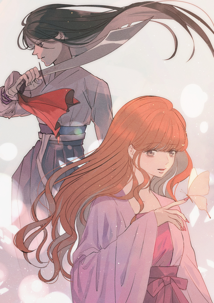 2girls black_hair blunt_bangs brown_eyes brown_hair bug butterfly butterfly_on_hand commission floating_hair hakama highres holding holding_sword holding_weapon insect japanese_clothes kimono kurosujuu long_hair long_sleeves multiple_girls original pink_kimono scimitar skeb_commission sword very_long_hair weapon white_background wide_sleeves