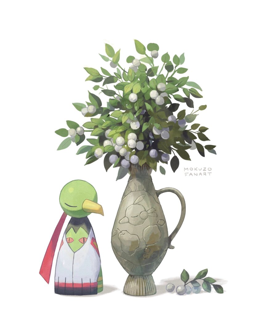 beak berry bird character_print closed_eyes food_print fruit_print gen_2_pokemon highres mokuzou_(moku_ssbu) natu nintendo no_humans plant pokemon pokemon_(creature) signature solo vase white_background xatu