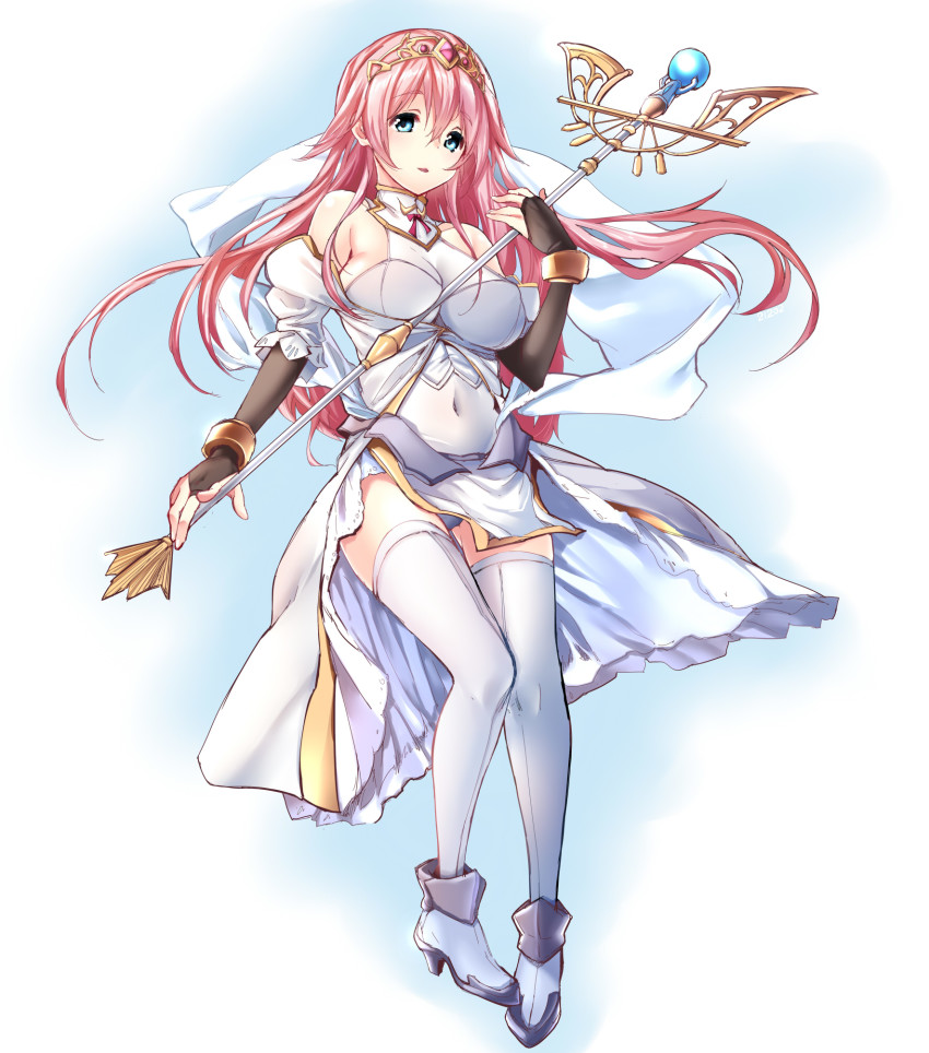 1girl bad_id bad_pixiv_id bare_shoulders blue_eyes boots breasts bridal_gauntlets cofepig covered_navel dress estelle_(sennen_sensou_aigis) esther_(sennen_sensou_aigis) female_focus fingerless_gloves full_body gloves highres large_breasts long_hair looking_at_viewer no_bra open_mouth pink_hair sennen_sensou_aigis smile solo staff thighhighs tiara white_thighhighs