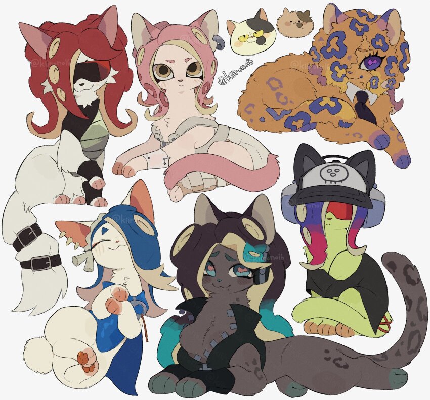 agent_8_(splatoon) animalization aqua_eyes belt black_necktie black_shirt blue_poncho bodysuit brown_eyes cat closed_eyes dedf1sh detached_collar hair_over_one_eye hat highres judd_(splatoon) kiirono li&#039;l_judd_(splatoon) marina_(splatoon) necktie nintendo octoling octoling_girl octoling_player_character pink_pupils purple_eyes red-tinted_eyewear shirt shiver_(splatoon) simple_background splatoon_(series) splatoon_2 splatoon_3 sunglasses tao_blu tentacle_hair tinted_eyewear white_background white_bodysuit