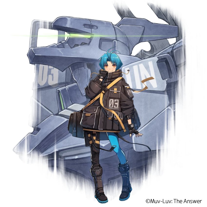 1girl antenna_hair asymmetrical_footwear asymmetrical_legwear black_gloves black_jacket blue_hair brown_eyes commentary_request fingerless_gloves gloves glowing highres muv-luv:_dimensions jacket kuroi_susumu mecha mismatched_footwear mismatched_legwear muv-luv muv-luv_alternative official_art open_hand robot science_fiction smile tactical_surface_fighter type_97_fubuki visor yoroi_mikoto