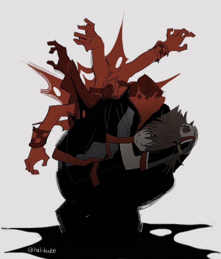 1boy black_footwear black_pants brown_hair cropped_jacket dual_persona full_body grey_background hair_between_eyes hand_in_own_hair hat_babo highres hood hood_down kingdom_hearts kingdom_hearts_iii male_focus outstretched_arms pants parted_lips red_hood roxas short_hair short_sleeves smile sora_(kingdom_hearts) spiked_hair squatting teeth twitter_username