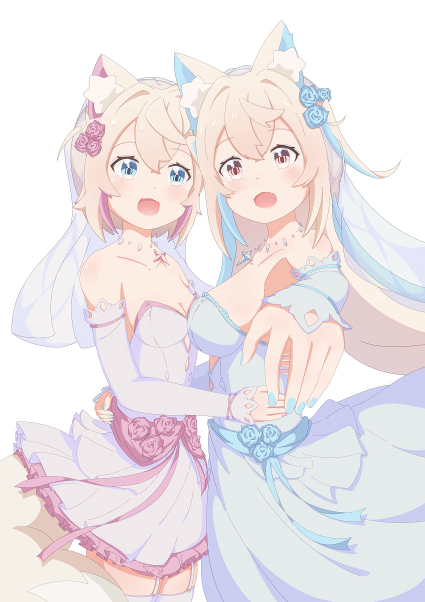 2girls absurdres alternate_costume animal_ear_fluff animal_ears blonde_hair blue_dress blue_hair blue_nails breasts cleavage dog_ears dog_girl dress fangs flower fuwawa_abyssgard hair_flower hair_ornament highres hololive hololive_english large_breasts long_hair mococo_abyssgard multicolored_hair multiple_girls nail_polish open_mouth pink_hair pulsar_d39 short_hair siblings sideboob simple_background sisters skin_fangs small_breasts smile streaked_hair twins two_side_up very_long_hair virtual_youtuber wedding_dress white_background