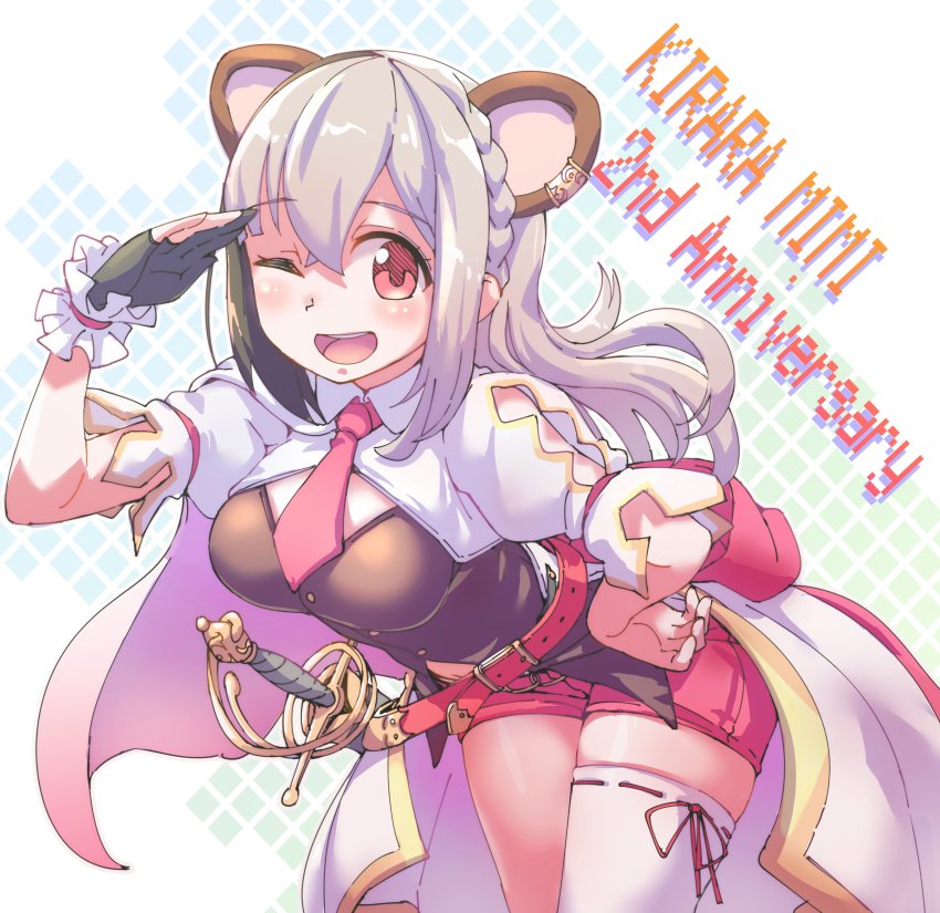 1girl ;d absurdres animal_ears belt black_hair braid breasts extra_ears gloves grey_hair hamster_ears hand_on_own_hip hand_up highres indie_virtual_youtuber kirara_mimi long_hair lowlandgorilla multicolored_hair necktie one_eye_closed open_mouth partially_fingerless_gloves red_eyes red_shorts sheath sheathed shorts shrug_(clothing) single_glove single_thighhigh smile solo streaked_hair sword thighhighs virtual_youtuber weapon
