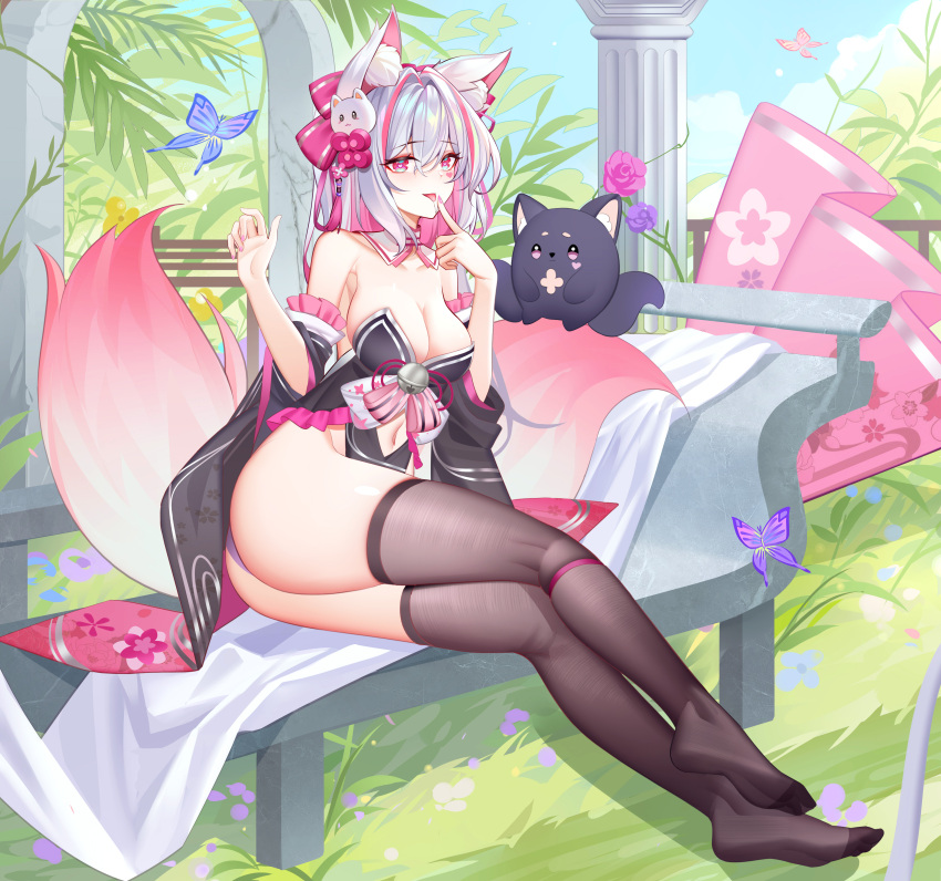 1girl :p absurdres animal_ear_fluff animal_ears armpit_crease ass bare_shoulders bell black_dress black_thighhighs blue_butterfly blue_sky bow breasts bug butterfly cat_hair_ornament chair check_copyright cleavage clothing_cutout collar collarbone colored_inner_hair commentary commission copyright_request day detached_collar detached_sleeves dress english_commentary facial_mark facial_tattoo feet finger_to_mouth fingernails flower frilled_dress frilled_sleeves frills full_body gradient_tail grass hair_between_eyes hair_bow hair_intakes hair_ornament hands_up heart heart-shaped_pupils heart_facial_mark highres indie_virtual_youtuber insect japanese_clothes jingle_bell large_breasts large_tail long_hair looking_at_viewer luai lying multicolored_hair multiple_tails nail_polish navel navel_cutout no_shoes on_chair original outdoors panties pillar pink_bow pink_butterfly pink_eyes pink_flower pink_hair pink_nails pink_rose pink_streaks pink_tail pink_trim plant print_sleeves purple_butterfly purple_flower purple_panties purple_rose red_eyes rose saliva saliva_trail silver_trim sitting sky soles solo strapless strapless_dress streaked_hair symbol-shaped_pupils tail tattoo thigh_strap thighhighs thighs toes tongue tongue_out two-sided_sleeves underwear very_long_hair virtual_youtuber white_collar white_hair wide_sleeves