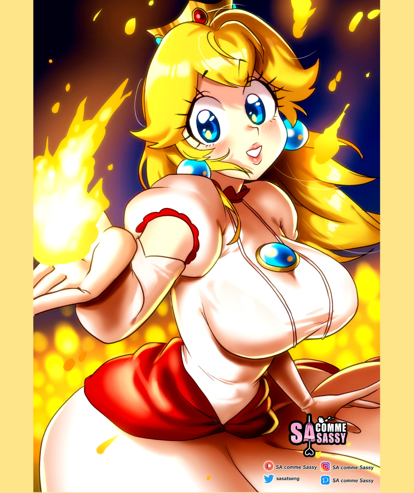 1girl absurdres black_background blonde_hair blue_background blue_eyes blush border breasts cowboy_shot crown dress earrings elbow_gloves fire fire_peach gloves gradient_background highres jewelry large_breasts long_hair looking_at_viewer mario_(series) nintendo open_mouth princess_peach puffy_short_sleeves puffy_sleeves sasa_tseng short_sleeves smile solo standing the_super_mario_bros._movie white_dress white_gloves yellow_border