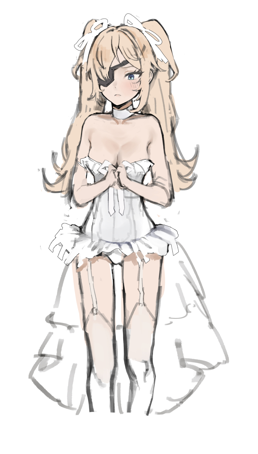 1girl absurdres alternate_costume blonde_hair blue_eyes breasts choker cleavage closed_mouth commentary_request eyepatch garter_straps goddess_of_victory:_nikke guillotine_(nikke) highres leotard long_hair medium_breasts showgirl_skirt simple_background skirt solo strapless strapless_leotard thighhighs tuki_neko9 twintails white_background white_choker white_leotard white_skirt white_thighhighs