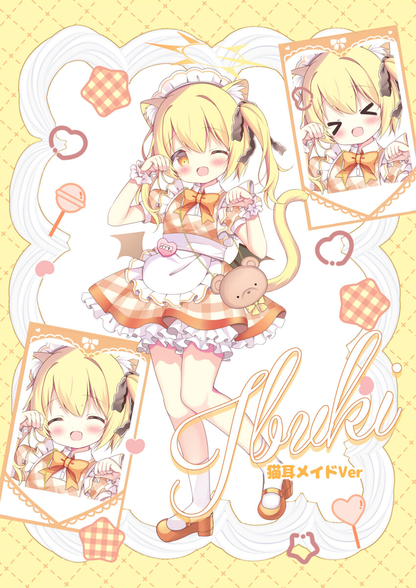 &gt;_&lt; 1girl :d ;d ^_^ alternate_costume animal_bag animal_ears apron azumi_kazuki bag black_bow blonde_hair blue_archive blush bow candy cat_ears cat_girl cat_tail closed_eyes collared_shirt commentary_request dress dress_shirt food frilled_apron frills hair_between_eyes hair_bow halo heart highres ibuki_(blue_archive) kemonomimi_mode lollipop long_hair looking_at_viewer multiple_expressions multiple_views one_eye_closed open_mouth orange_eyes orange_shoes paw_pose plaid_clothes plaid_dress puffy_short_sleeves puffy_sleeves shirt shoes short_sleeves shoulder_bag side_ponytail smile socks star_(symbol) tail white_apron white_shirt white_socks wrist_cuffs xd