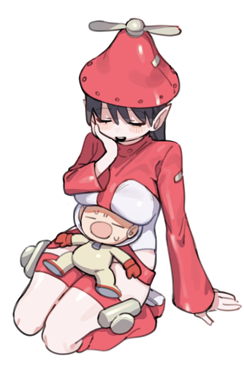 1boy 1girl big_nose black_hair blush breast_rest breasts closed_eyes gloves hair_between_eyes hand_on_own_cheek hand_on_own_face hat helmet highres hocotate_freight_steam_ship hufy large_breasts long_hair long_sleeves nintendo olimar on_lap open_mouth personification pikmin_(series) pikmin_2 pointy_ears propeller_hat red_gloves red_hat simple_background sitting space_helmet spacesuit sweat white_background