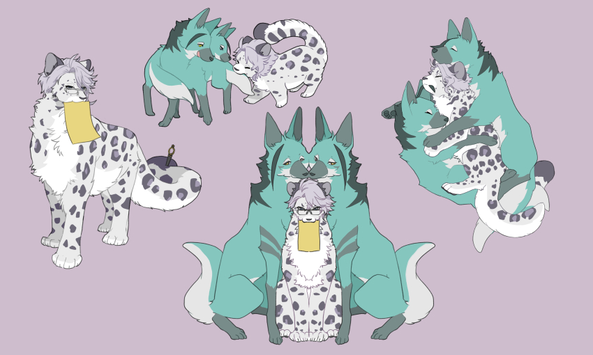 absurdres animal animal_focus animalization azul_ashengrotto commentary_request floyd_leech full_body glasses grey_hair highres jade_leech maned_wolf mouth_hold multiple_views no_humans purple_background raccoonlot short_hair siblings simple_background sleeping snow_leopard twins twisted_wonderland