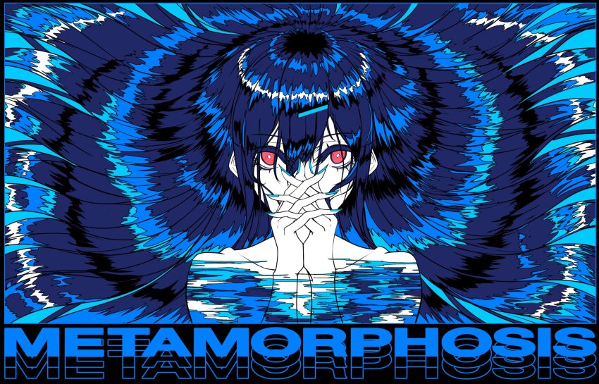 1girl blue_hair blue_nails blue_theme cmhp commentary denonbu english_commentary hair_between_eyes hair_ornament hair_spread_out hairclip hands_up highres interlocked_fingers limited_palette long_hair looking_at_viewer nail_polish nude own_hands_together red_eyes shinonome_kazune solo song_name upper_body