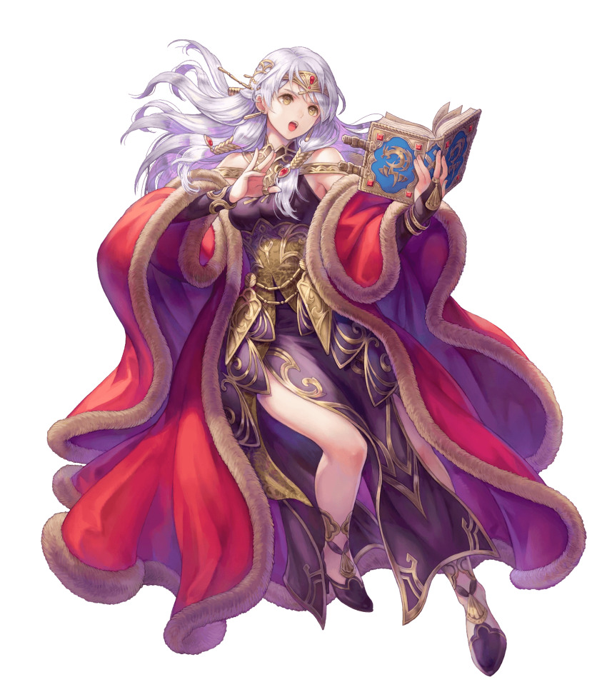 1girl bare_shoulders book bracelet breasts bridal_gauntlets brown_eyes dress fingernails fire_emblem fire_emblem:_radiant_dawn fire_emblem_heroes full_body fur_trim haccan hair_ornament high_heels highres holding holding_book jewelry long_hair long_sleeves looking_away medium_breasts micaiah_(fire_emblem) micaiah_(radiant_queen)_(fire_emblem) nintendo official_art open_book open_mouth purple_dress silver_hair solo tiara transparent_background