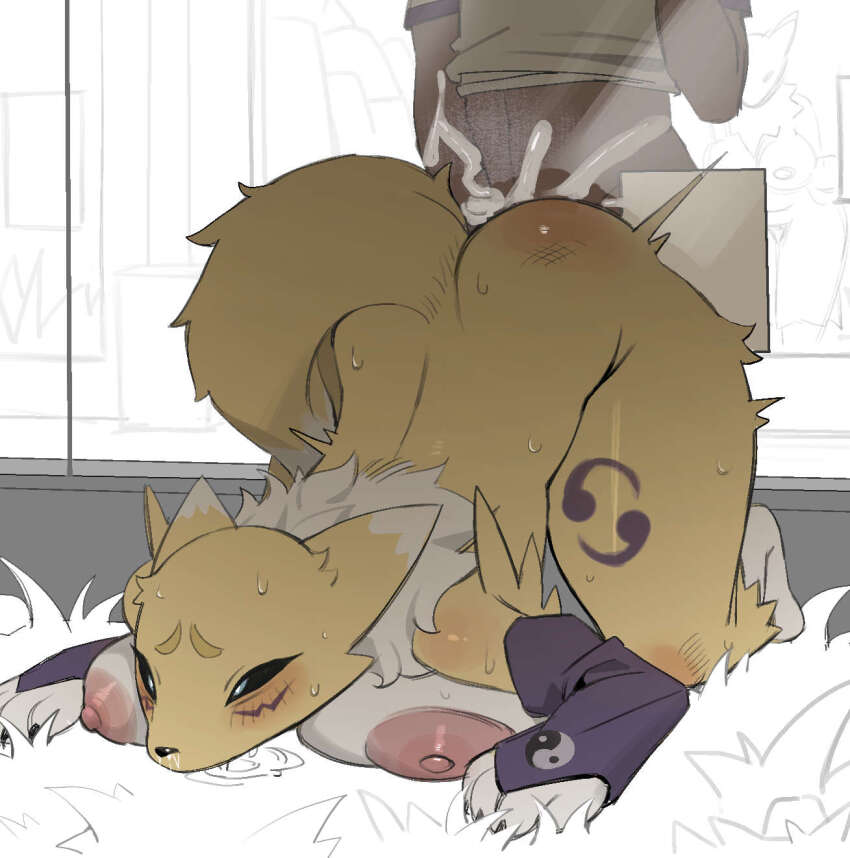 1boy 1girl alternate_breast_size_(larger) animal_ears animal_hands animal_nose black_sclera blue_eyes blush body_fur breast_press breasts claws colored_sclera commentary cum cum_in_pussy digimon digimon_(creature) drooling english_commentary facial_mark fox_ears fox_girl fox_tail furry furry_female glory_hole highres huge_breasts neck_fur nipples purple_sleeves renamon saliva shota sign snout solo_focus sweat sweatdrop tail two-tone_fur vaginal white_fur yellow_fur zhou135627