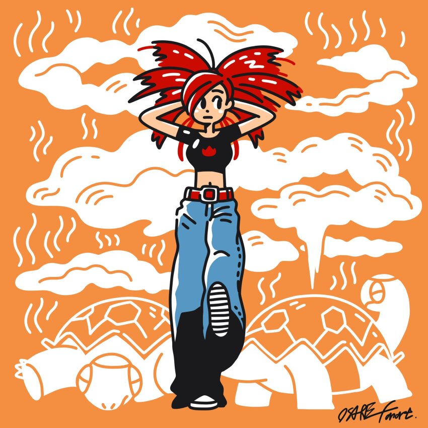 1girl belt black_shirt crop_top denim flannery_(pokemon) gen_3_pokemon hands_behind_own_head highres jeans navel nintendo osare_graffiti pants pokemon pokemon_(creature) pokemon_rse red_hair shirt shoes sneakers steam torkoal white_shoes