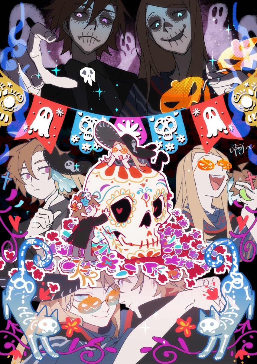 23hr55min 2boys black_coat black_pants blue_eyes candle coat daybit_sem_void dia_de_muertos fate/grand_order fate_(series) highres long_hair marigold multiple_boys pants poncho purple_eyes skull sunglasses tezcatlipoca_(ancient_mexico_exhibition)_(fate) tezcatlipoca_(fate)