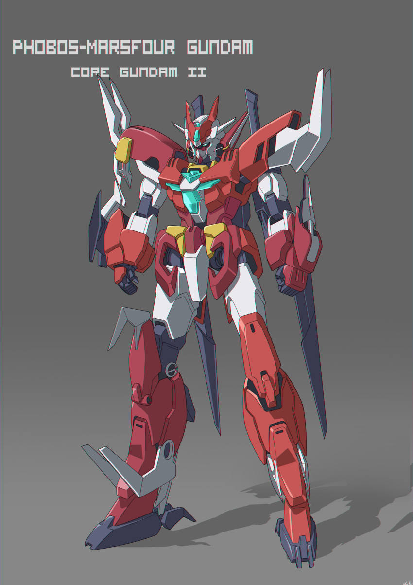 absurdres aqua_eyes character_name chinese_commentary clenched_hands clotho_matcha commentary english_commentary grey_background gundam gundam_build_divers gundam_build_divers_re:rise gunpla highres marsfour_gundam mecha mixed-language_commentary model_kit no_humans original redesign robot solo standing v-fin