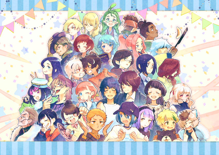 6+boys 6+girls absurdres black_hair blonde_hair blue_eyes blue_hair cellphone closed_eyes collared_shirt dog earrings facial_hair fang fingerless_gloves food frilled_hairband frills frying_pan glasses gloves green_hair hair_ornament hair_over_one_eye hairband hat hay highres holding holding_frying_pan holding_phone jewelry karugamohouse light_brown_hair multiple_boys multiple_girls mustache one_eye_closed open_mouth orange_eyes orange_hair original pancake phone pink_hair ponytail purple_eyes purple_hair red_hair scar scar_on_face shirt smile sweater_vest v