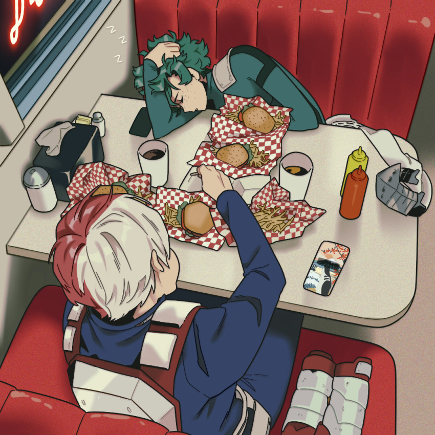 boku_no_hero_academia bones_(company) burger cellphone coffee coffee_mug couch cup curly_hair diner eating food freckles french_fries green_hair indoors midoriya_izuku mug multicolored_hair phone red_hair redmomo00 shounen_jump sitting sleeping superhero_costume table tired_eyes tododeku todoroki_shouto two-tone_hair white_hair