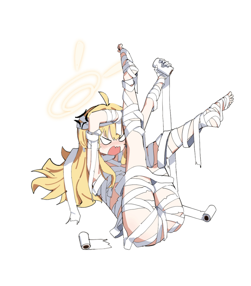 1girl adon_(dufaladanidu) ahoge anger_vein angry ass bandage_on_face bandage_on_hair bandaged_arm bandaged_chest bandaged_hand bandaged_head bandaged_leg bandaged_neck bandages blonde_hair blue_archive blush feet halo highres holding long_hair lying naked_bandage on_back open_mouth simple_background solo toilet_paper white_background yellow_halo yoshimi_(blue_archive) yoshimi_(halloween)_(blue_archive)