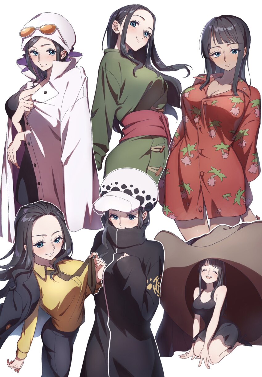 1girl black_dress black_hair blue_eyes blush coat collared_shirt commentary_request cosplay cowboy_hat dress formal_clothes franky_(one_piece) franky_(one_piece)_(cosplay) green_kimono hat high_collar highres japanese_clothes kimono large_hat long_coat long_hair looking_at_viewer medium_hair multiple_views nico_robin nico_robin_(dressrosa) nico_robin_(elbaf) one_piece roronoa_zoro roronoa_zoro_(cosplay) sanji_(one_piece) sanji_(one_piece)_(cosplay) sash shirt sidelocks simple_background smile solo suit tomato_0429 trafalgar_law trafalgar_law_(cosplay) white_background white_coat yellow_shirt