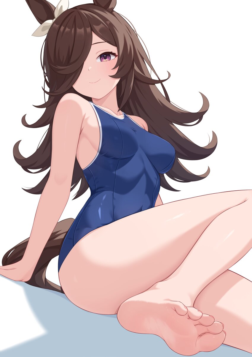 1girl absurdres animal_ears barefoot black_hair breasts closed_mouth commentary covered_navel feet foot_out_of_frame hair_ornament highres horse_ears legs long_hair purple_eyes rice_shower_(umamusume) school_swimsuit simple_background small_breasts smile soles solo swimsuit thighs toenails toes tsubame_tien umamusume white_background