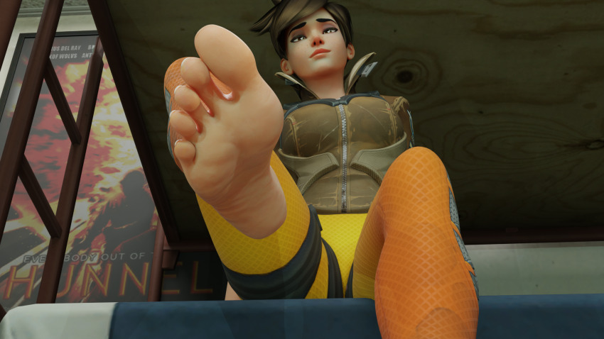 1girl barefoot feet foot_focus highres light_smile original overwatch self-upload shahbod3d tracer_(overwatch)
