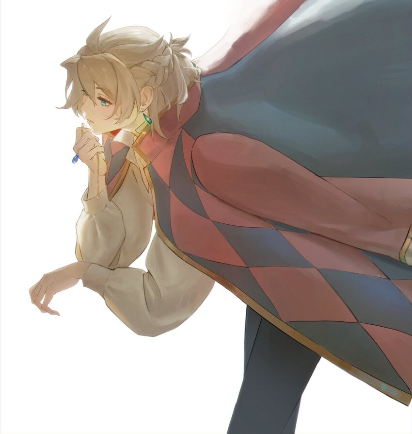 1boy aji_11300913 albedo_(genshin_impact) bishounen black_pants blonde_hair braid cosplay earrings facing_to_the_side gem genshin_impact green_gemstone half_updo highres howl_(howl_no_ugoku_shiro) howl_(howl_no_ugoku_shiro)_(cosplay) howl_no_ugoku_shiro jacket jacket_on_shoulders jewelry long_sleeves looking_ahead male_focus multicolored_jacket pants pink_jacket ponytail purple_jacket ring shirt short_ponytail solo white_shirt